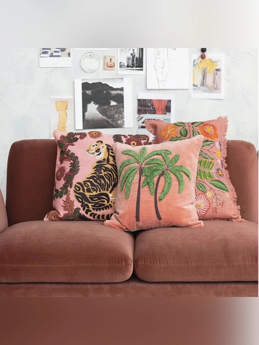Creative Co-Op Pink Tiger Embroidered Decorative Pillow with Floral Motif